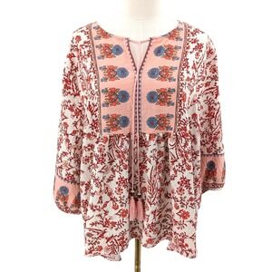 Boho Peasant Blouse Embroidered Floral Tassel Tie Lightweight XXL